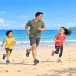 Father and two children running together on the beach for a healthy and fit life