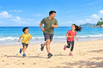 Ayah dan dua anak berlari bersama di pantai untuk menjalani hidup sehat dan bugar