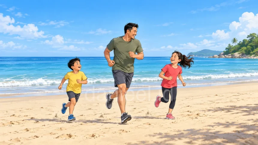 Ayah dan dua anak berlari bersama di pantai untuk menjalani hidup sehat dan bugar