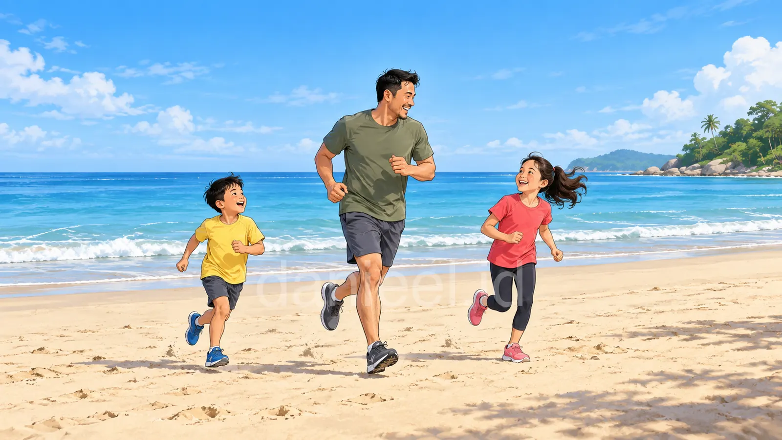 Ayah dan dua anak berlari bersama di pantai untuk menjalani hidup sehat dan bugar