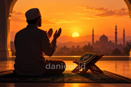 Seorang muslim mengangkat tangan sebagai gambaran doa dalam Al-Qur'an saat matahari terbenam