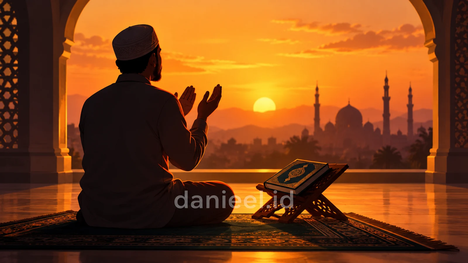Seorang muslim mengangkat tangan sebagai gambaran doa dalam Al-Qur'an saat matahari terbenam