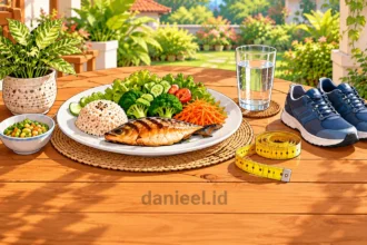 Makanan seimbang, air putih, sepatu olahraga, dan meteran sebagai simbol kebiasaan sehat untuk menurunkan berat badan.