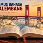 Ilustrasi Kamus Bahasa Palembang dengan buku kamus terbuka dan Jembatan Ampera di atas Sungai Musi saat matahari terbenam.