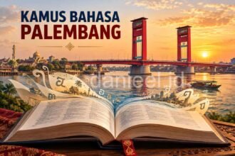 Ilustrasi Kamus Bahasa Palembang dengan buku kamus terbuka dan Jembatan Ampera di atas Sungai Musi saat matahari terbenam.