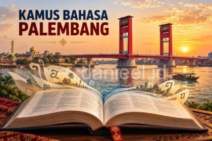 Ilustrasi Kamus Bahasa Palembang dengan buku kamus terbuka dan Jembatan Ampera di atas Sungai Musi saat matahari terbenam.