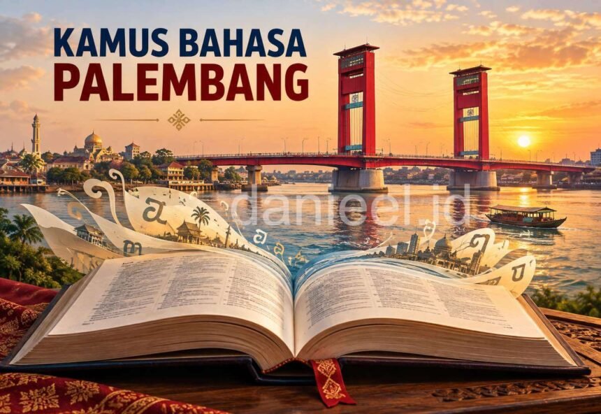 Ilustrasi Kamus Bahasa Palembang dengan buku kamus terbuka dan Jembatan Ampera di atas Sungai Musi saat matahari terbenam.