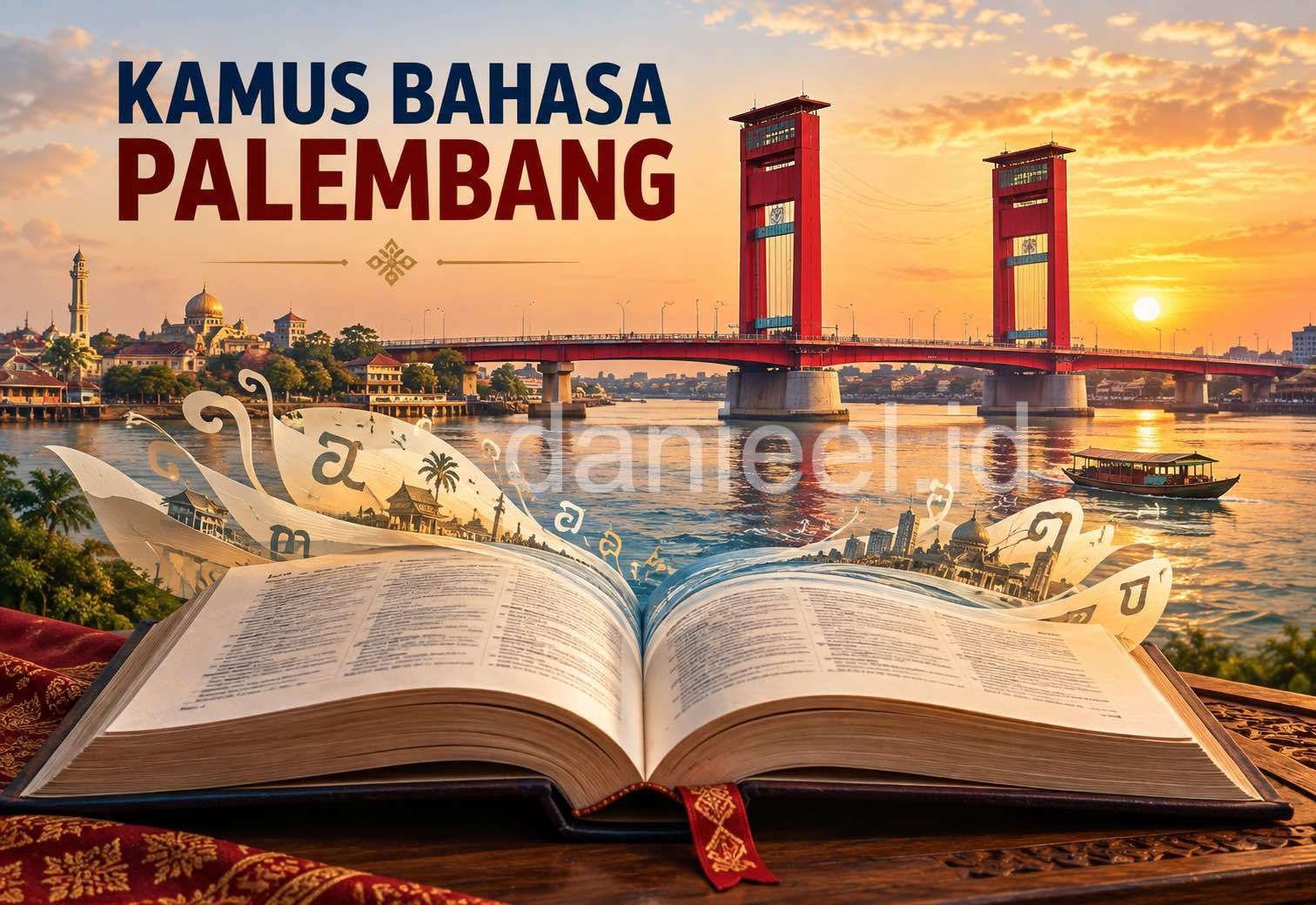 Ilustrasi Kamus Bahasa Palembang dengan buku kamus terbuka dan Jembatan Ampera di atas Sungai Musi saat matahari terbenam.