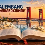 Palembang language dictionary cover featuring an open book and Ampera Bridge over the Musi River at sunset.