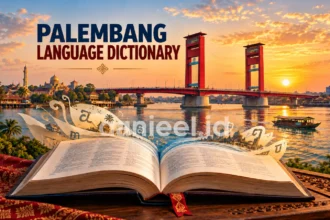 Palembang language dictionary cover featuring an open book and Ampera Bridge over the Musi River at sunset.