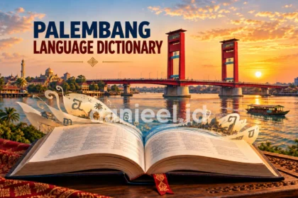 Palembang language dictionary cover featuring an open book and Ampera Bridge over the Musi River at sunset.