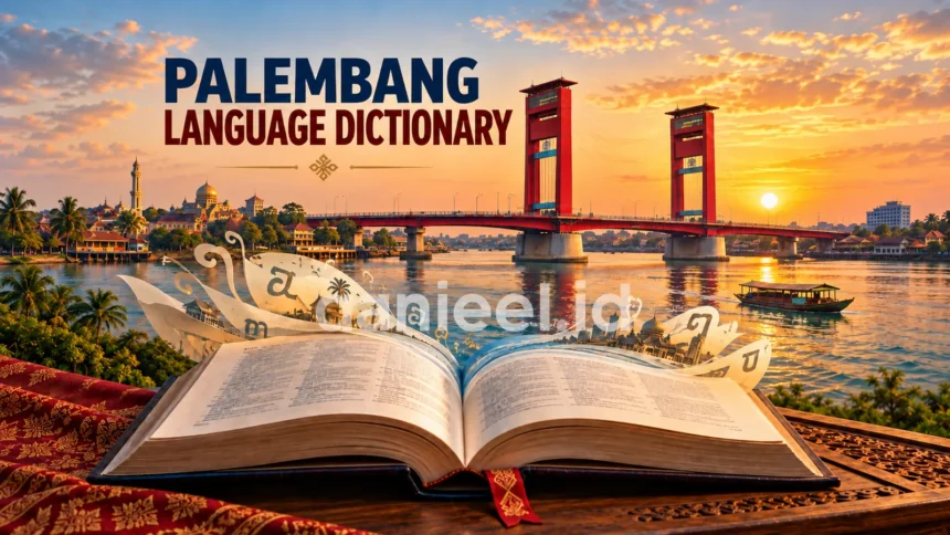 Palembang language dictionary cover featuring an open book and Ampera Bridge over the Musi River at sunset.