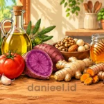 Ilustrasi aneka superfood rumahan di meja dapur, termasuk ubi ungu, tomat, bawang putih, jahe, kunyit, dan kacang.