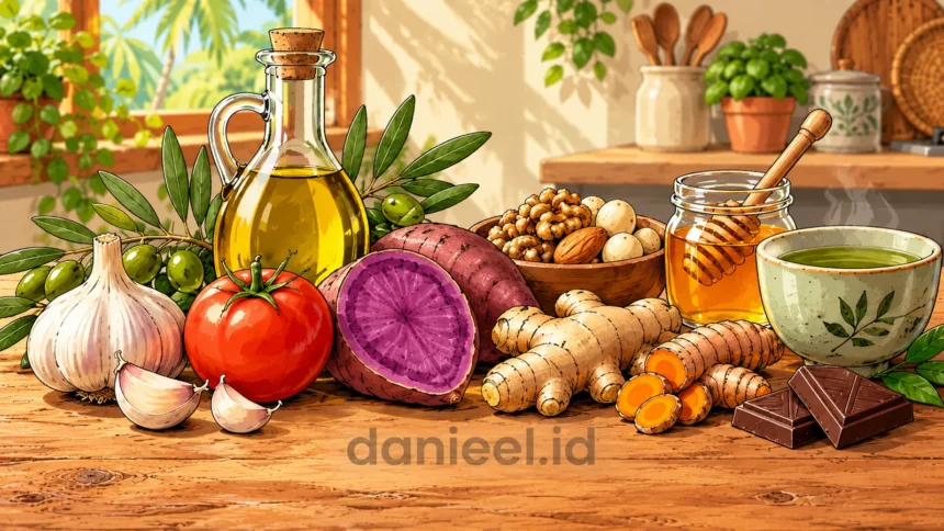 Ilustrasi aneka superfood rumahan di meja dapur, termasuk ubi ungu, tomat, bawang putih, jahe, kunyit, dan kacang.