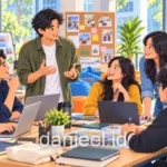 Ilustrasi kartun mahasiswa berdiskusi dalam kegiatan organisasi kampus