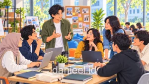 Ilustrasi kartun mahasiswa berdiskusi dalam kegiatan organisasi kampus