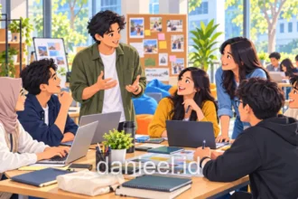 Ilustrasi kartun mahasiswa berdiskusi dalam kegiatan organisasi kampus