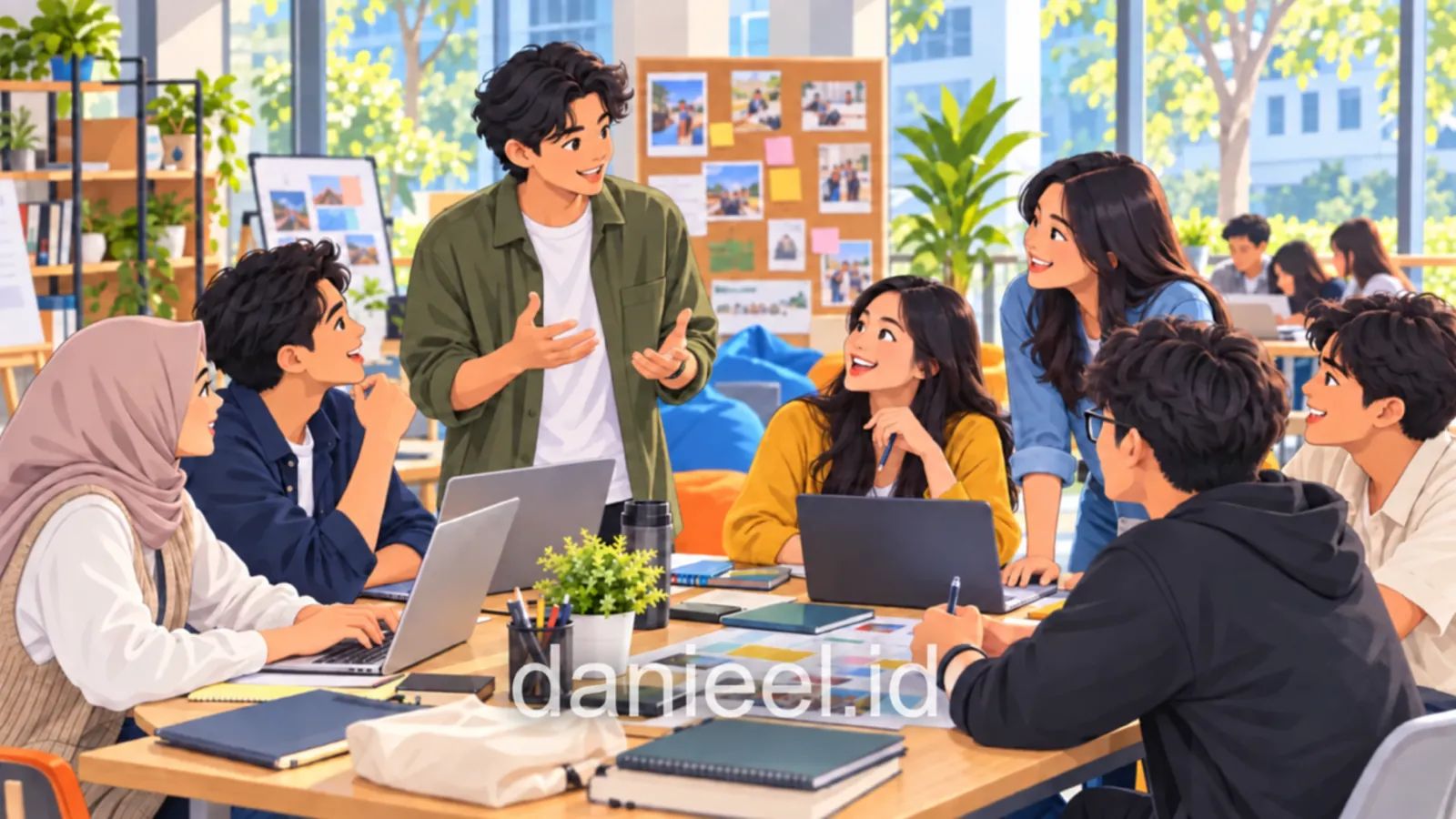 Ilustrasi kartun mahasiswa berdiskusi dalam kegiatan organisasi kampus