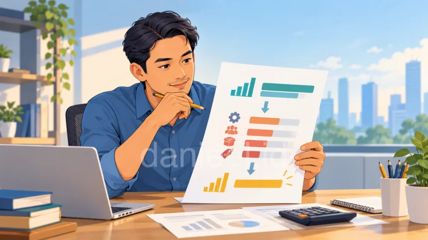 Cara membaca laporan laba rugi melalui ilustrasi alur pendapatan, biaya, dan laba bersih