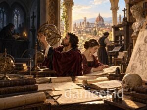 Renaissance scholars studying astronomy and art in a study overlooking Florence