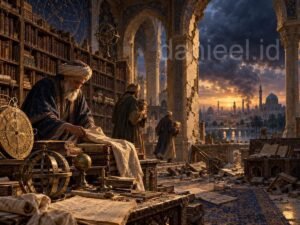 Scholars preserving manuscripts in a Baghdad library during the shifts in the Islamic world