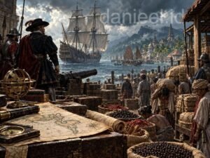 European colonial ships entering an Asian port bustling with trade and the transport of produce