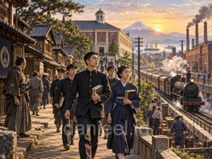 Japanese students carrying books amidst the transition from a feudal order to modern education and industry