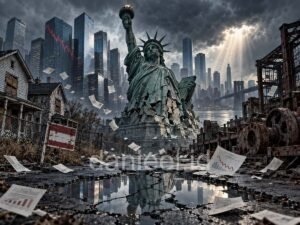 U.S. Economic Decline: A cracked Statue of Liberty stands among abandoned homes, old industries, and financial buildings with declining market charts.