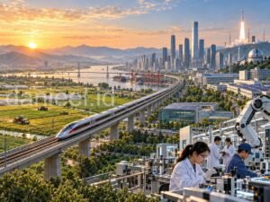 High-speed trains, industries, tech labs, and rockets illustrating the rise of China