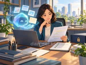 Pekerja memakai AI secara produktif sambil memeriksa hasil dan menjaga kerahasiaan data