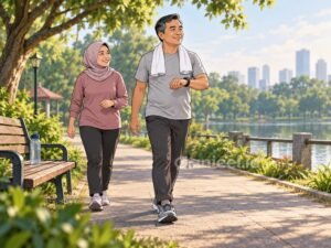 Jalan santai dengan pendamping di jalur datar untuk menjaga keamanan