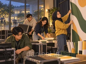 Mahasiswa bekerja tenang di bawah tekanan saat persiapan acara organisasi