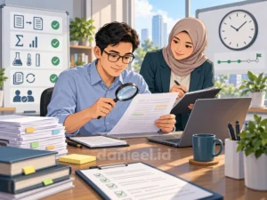 Dua pekerja memeriksa laporan untuk menjaga ketelitian dan tanggung jawab profesional