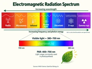 Electromagnetic spectrum showing visible light and the 400–700 nanometer range used in photosynthesis