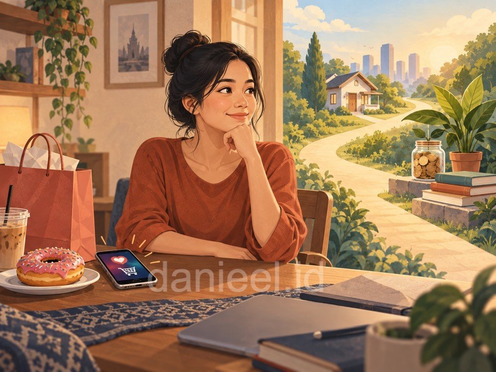 Ilustrasi perempuan mempertimbangkan godaan belanja dan makanan manis serta manfaat jangka panjang berupa tabungan, pendidikan, dan rumah.