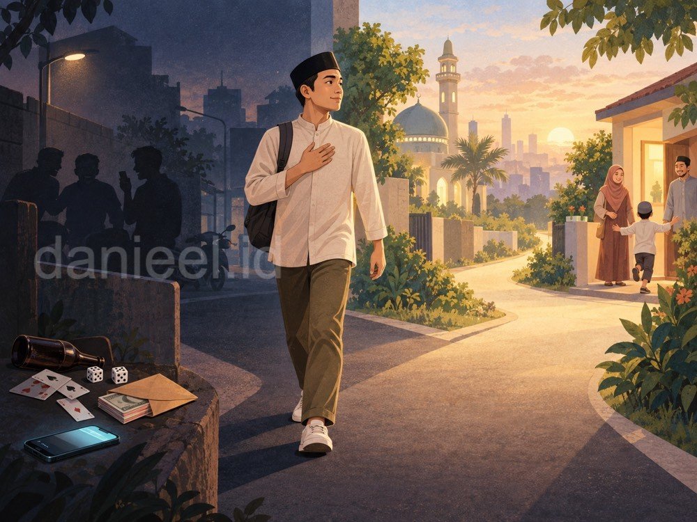 Ilustrasi pria Muslim meninggalkan godaan judi, minuman keras, dan uang menuju jalan kehidupan yang berlandaskan iman dan keluarga.