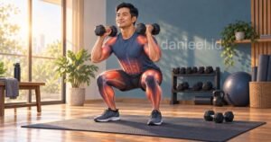 Pria dewasa melakukan squat dengan dumbel, disertai ilustrasi aktivasi otot tubuh saat latihan beban.