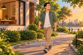 Jalan kaki setelah makan di jalur taman dekat rumah