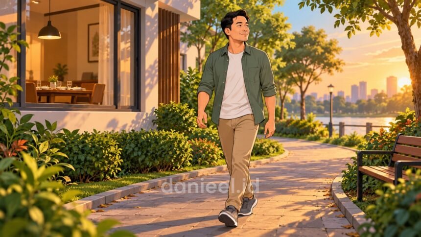 Jalan kaki setelah makan di jalur taman dekat rumah