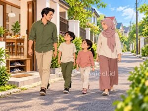Keluarga berjalan santai bersama seusai makan malam di lingkungan rumah 
