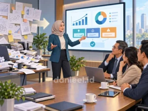 Pekerja mengubah data rumit menjadi presentasi terstruktur untuk membantu keputusan manajemen
