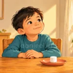 Ilustrasi anak mengalihkan pandangan dari marshmallow untuk melatih pengendalian diri dalam Marshmallow Test.