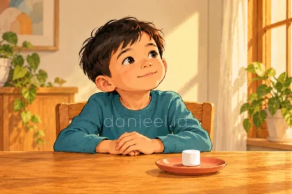 Ilustrasi anak mengalihkan pandangan dari marshmallow untuk melatih pengendalian diri dalam Marshmallow Test.
