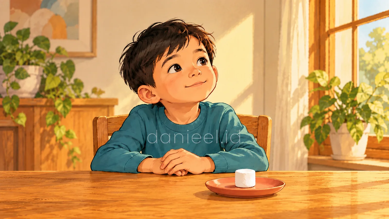 Ilustrasi anak mengalihkan pandangan dari marshmallow untuk melatih pengendalian diri dalam Marshmallow Test.