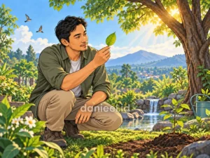 Pria mengamati daun sambil merenungkan proses fotosintesis dan kehidupan