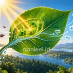 Ilustrasi proses fotosintesis pada daun yang menyerap cahaya matahari, air, dan karbon dioksida
