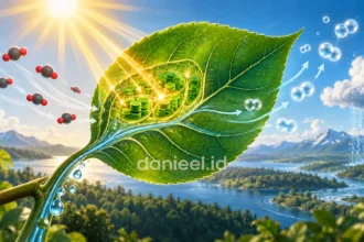 Ilustrasi proses fotosintesis pada daun yang menyerap cahaya matahari, air, dan karbon dioksida