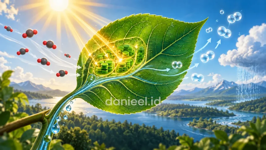 Ilustrasi proses fotosintesis pada daun yang menyerap cahaya matahari, air, dan karbon dioksida