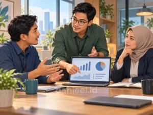 Analis mendengarkan rekan kerja dan menjelaskan data dengan komunikasi yang empatik