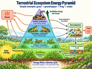 Terrestrial energy pyramid showing grass, a grasshopper, a frog, a snake, decomposers, and nutrient cycling